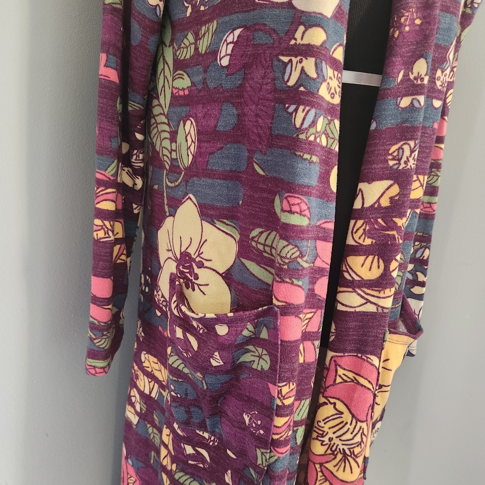 LuLaRoe Janet duster cardigan featuring a purple, floral, and Striped Pattern - Picture 7 of 14